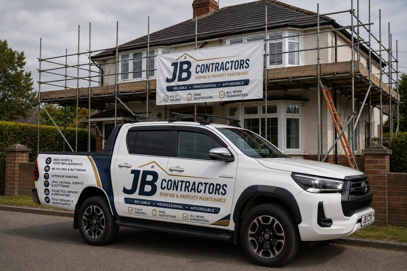 St Blazey Roofing pickup truck on site at a scaffolded roofing job in St Blazey