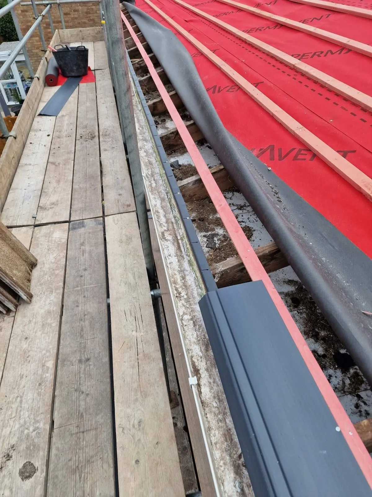 Breathable membrane and battens fitted during a re-roof in St Blazey